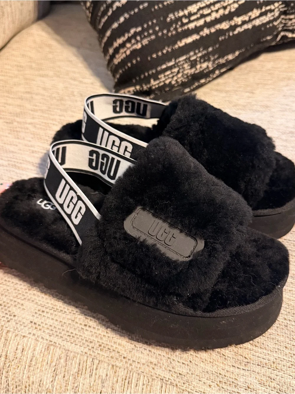 UGG Black Plush Logo Elastic Back Strap Slides